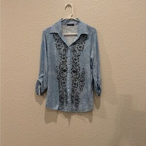 David Cline Light Blue Button Down Stretchy Shirt with Silver Rhinestones